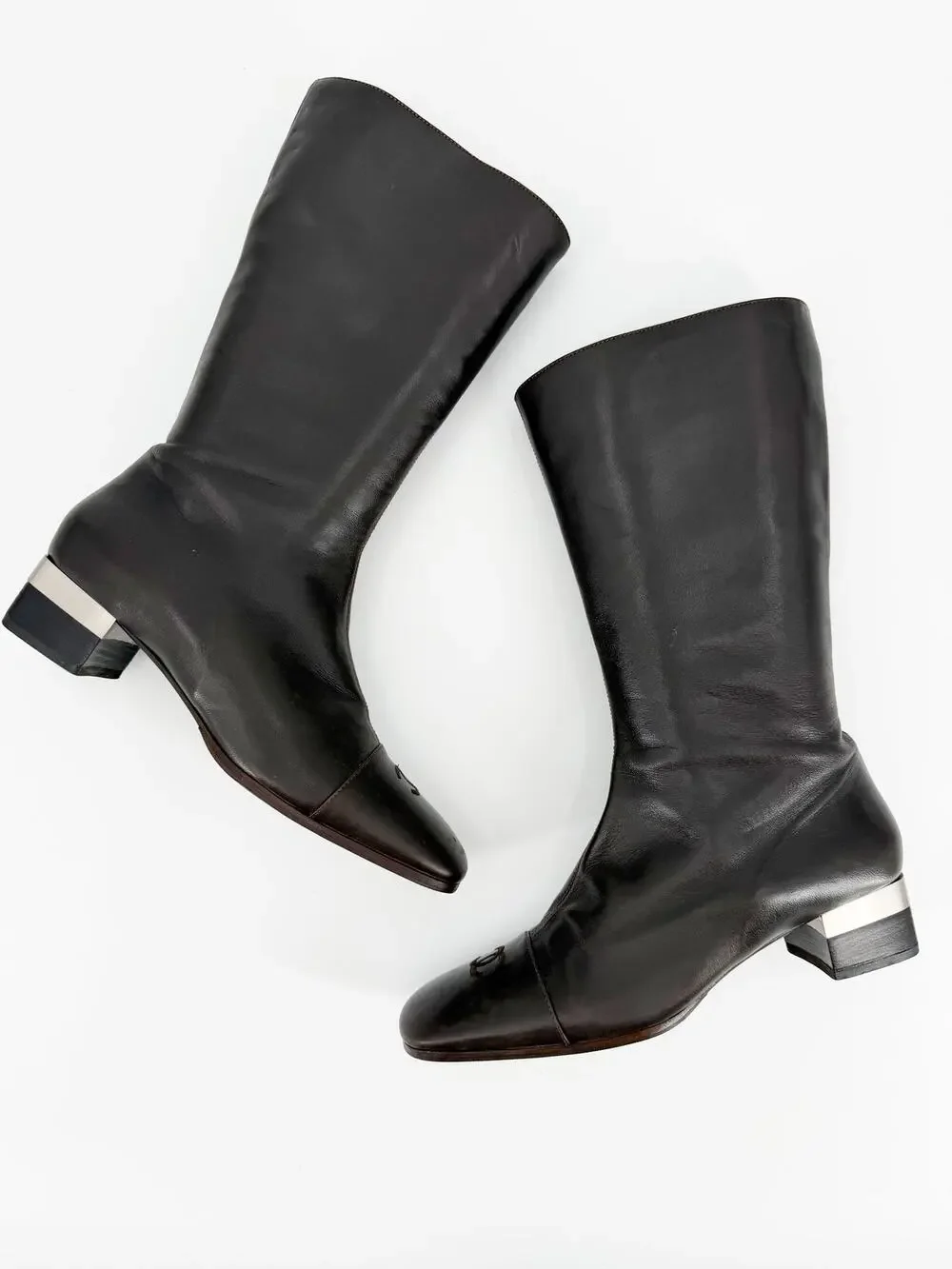 Chanel Vintage Brown Leather CC Cap Toe Silver Heel Riding Boots Size 40 EU 9.5